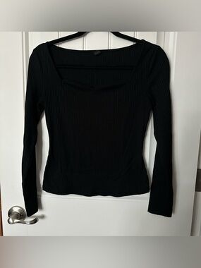 Black Square Neck Ribbed Long-Sleeve Top